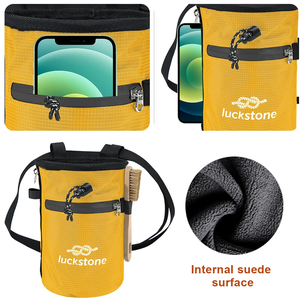 Waterproof Chalk Bag Bucket with 2 Large Zippered Storage Pockets Bouldering Chalk Bag Bucket with Chalk Brush for Rock Climbing