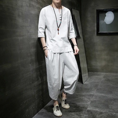 Imagen 2 del producto Camiseta de dos piezas de estilo japonés, pantalones, trajes para hombre, Kimono de manga corta, cárdigan japonés Harajuku Yukata, disfraz, Tops, pantalones