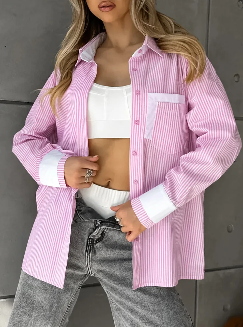 

Striped Color-Block Shirt Women Summer Clothes Fashion Lapel Single Breasted Loose Shirts Blouses Lady Casual Elegant Shirt Tops