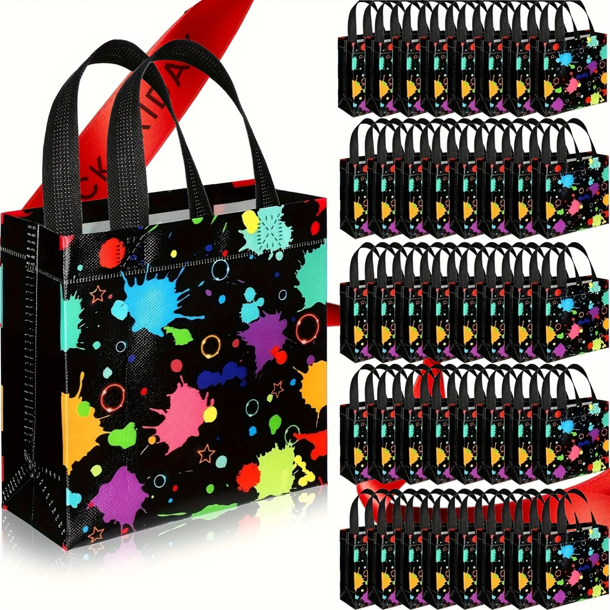 10pcs Tote bag with handle, made of durable non-woven fabric, featuring bright neon prints and reinforced edges