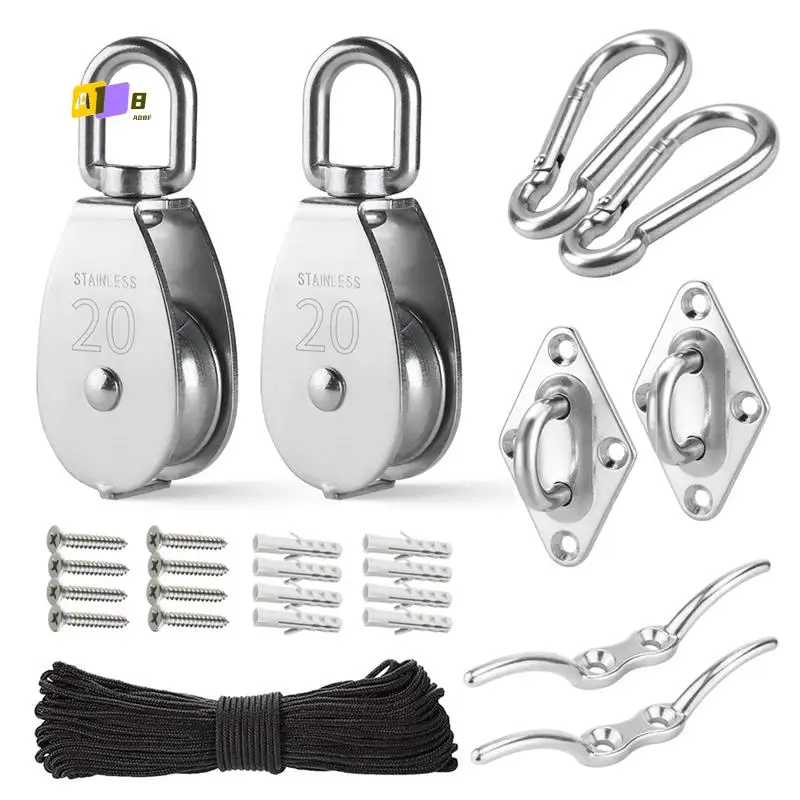 

A08F-2 Pack M20 Комплект шкивов из нержавеющей стали — сверхмощное шкивное колесо, блок шкивов с нейлоновой веревкой, крючками, пластиной для проушины