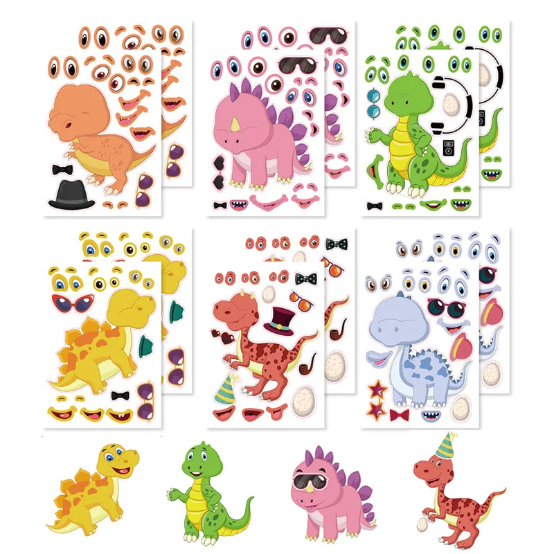 6-24Sheet Make A Face DIY Dinosur Jigsaw Stickers Kids Puzzle Game Party Supplies School Reward Sticker Boys Girls Gifts