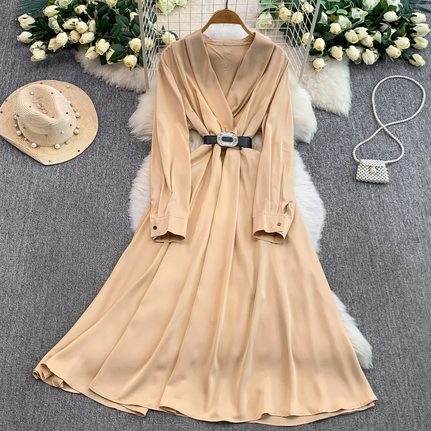 Chic vintage long sleeve V-neck solid dress Fairy korean fashion Boho Sundress women clothing