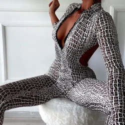 Oshoplive 2023 New Women Fashion Sexy Snakeskin Printed Backless Zipper Jumpsuits Spring Autumn Long Sleeves Bodysuits Clubwear