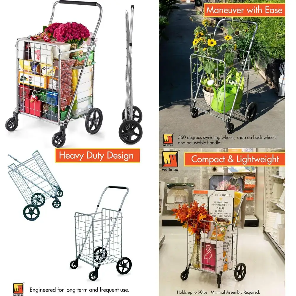 

Heavy-Duty Steel Folding Cart with Large Basket, Adjustable Handle, Swivel Wheels, 90 lb Capacity