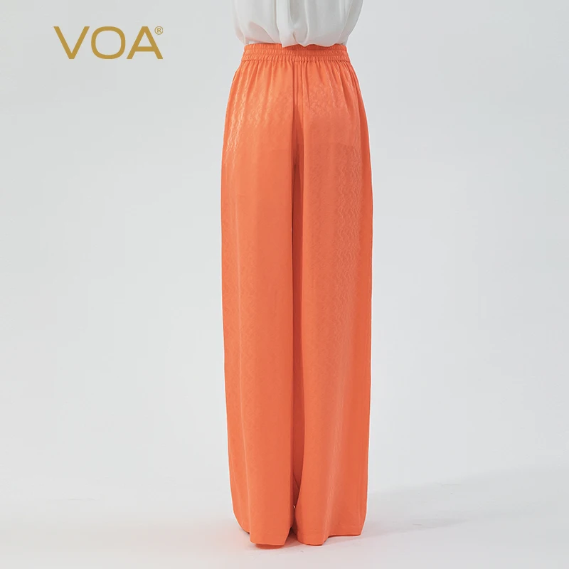 22 Momme Jacquard Mulberry Silk Orange Trousers Elastic Waist Office Ladies Floor Length Wide Leg Pants Women Summer KE796