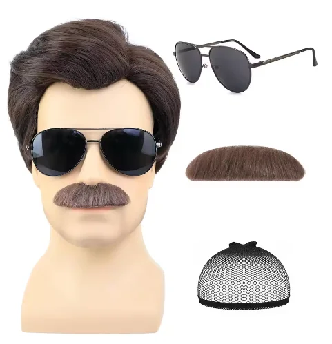 

Synthetic Short Brown Men's Wig with Beard and Sunglasses 70s-80s Theme Costume Ted Lasso Character Roleplay Wig