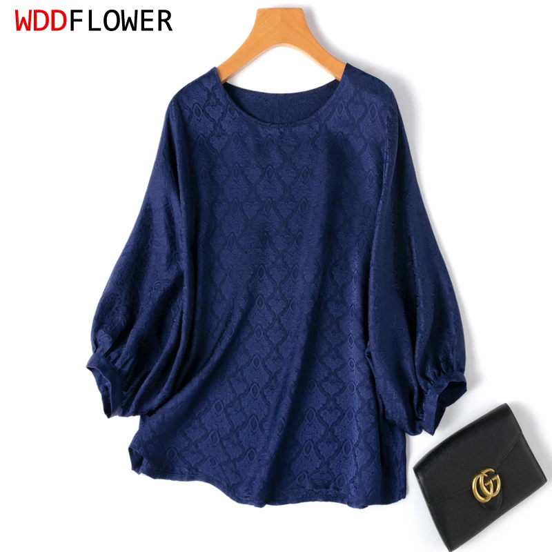 

100% Mulberry Silk 20 Momme Jacquard Silk Women Blouse Navy Blue O Neck 3/4 Lartern Sleeve Top Shirt Pullover M1096