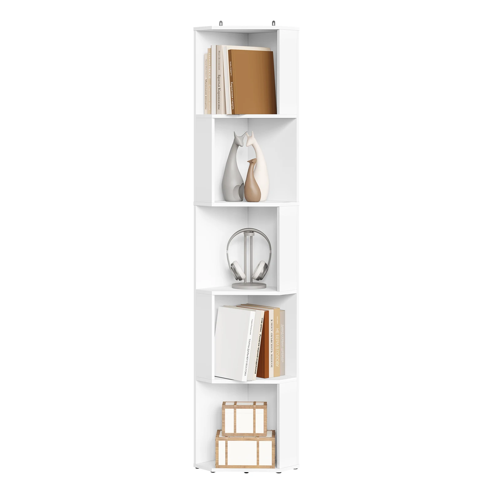 Estantería de Esquina de 5 Niveles, Estantería de Madera para Libros, para Sala de Estar, Oficina, Dormitorio, 147x25x25cm, Organizador Blanco