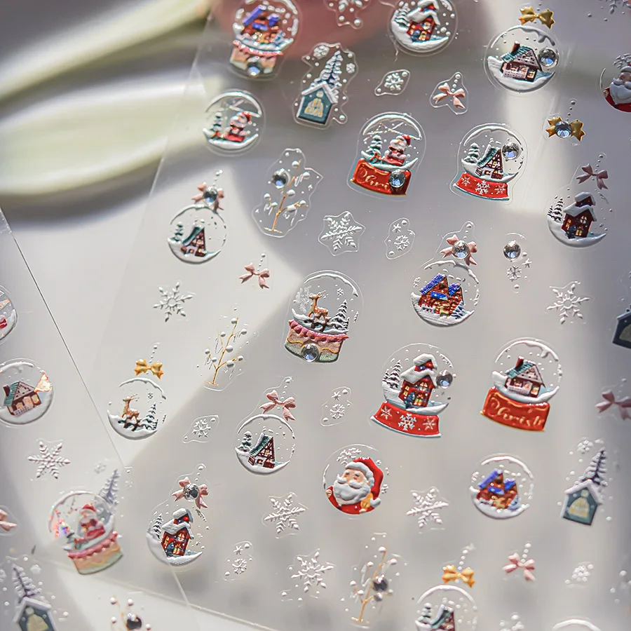 5D 겨울 눈사람 네일 스티커, 크리스마스 트리, 산타 클로스 디자인, 크리스탈 공, 하얀 눈덩이, 활 눈송이 집