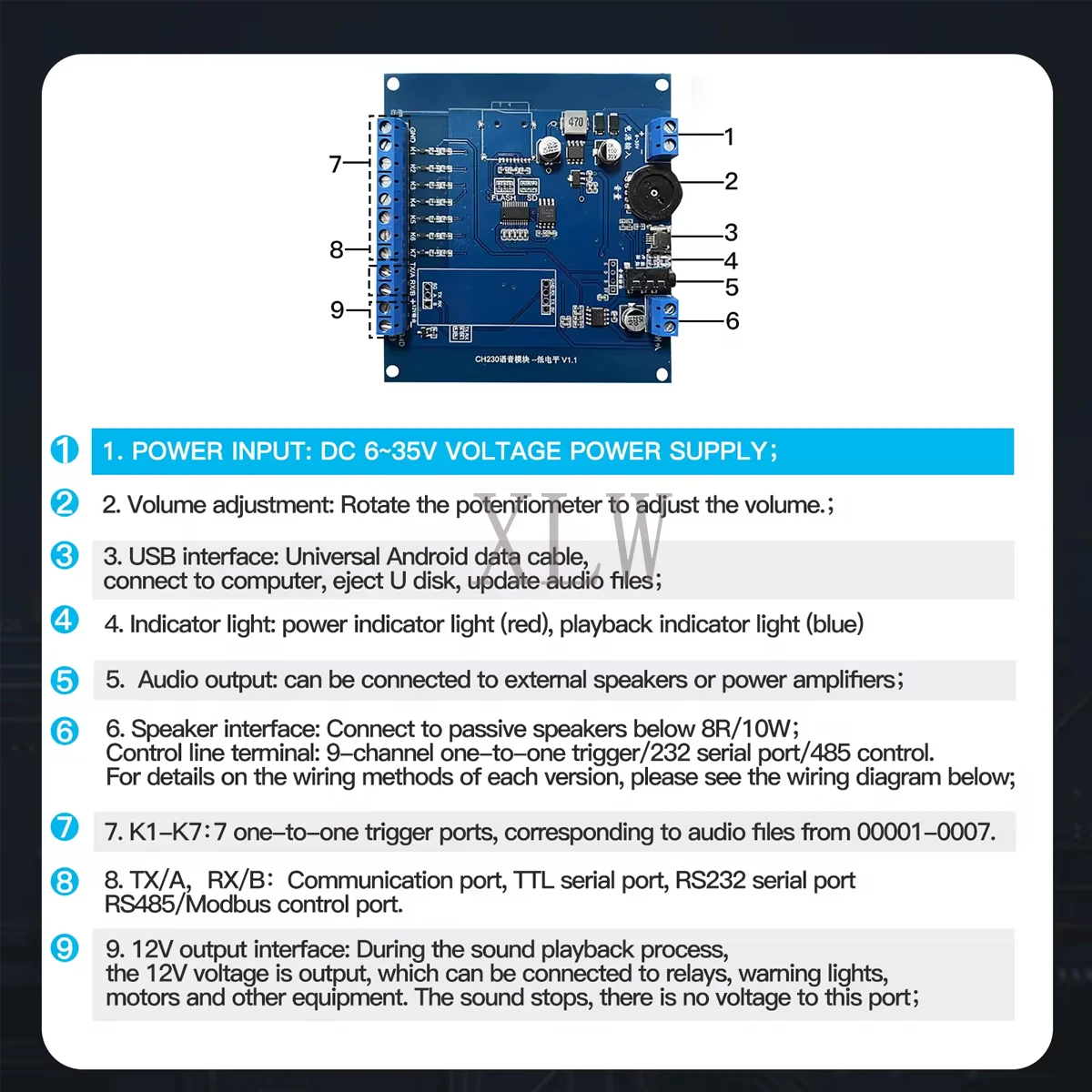 Sound Playback Board,CH230 10W 8MB MP3 Player High/Low Lever/RS232/485 UART I/O Trigger Voice Amplifier Module for Train Station