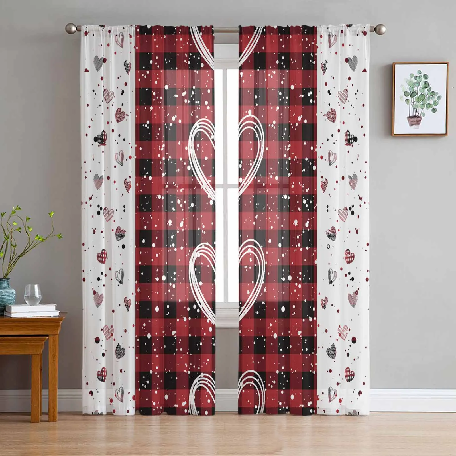 Valentine'S Day Hearts Plaid Tulle Curtains for Living Room Sheer Curtain for Bedroom Kitchen Blinds Voile Curtains