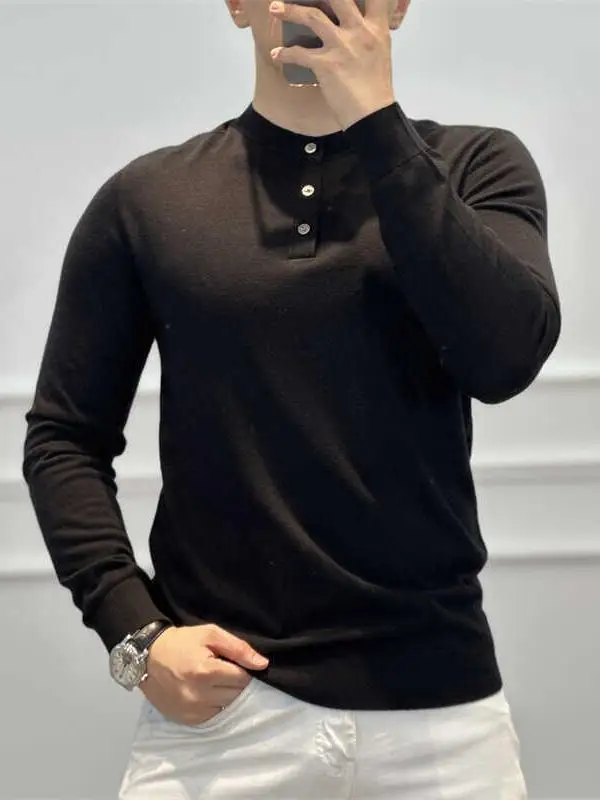 

Новый осенне-зимний мужской вязаный свитер с длинным рукавом, повседневный базовый однотонный свитер с круглым вырезом, для ношения под одеждой, для делового стиля