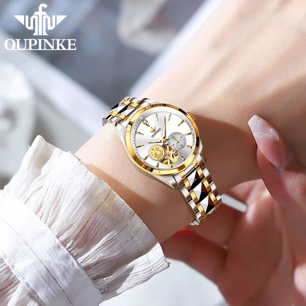 OUPINKE 3260 Real Diamond Mechanical Watch For Women Hollow Luxury Wristwatch Import Movement Waterproof Business Woman Watches