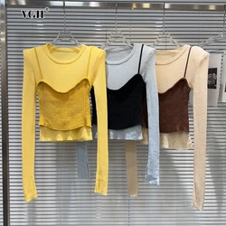 VGH Slimming Two Piece Set For Women O Neck Long Sleeve T Shirt Knitted Camisole Tank Top Solid Casual Style Suit Female Clothes