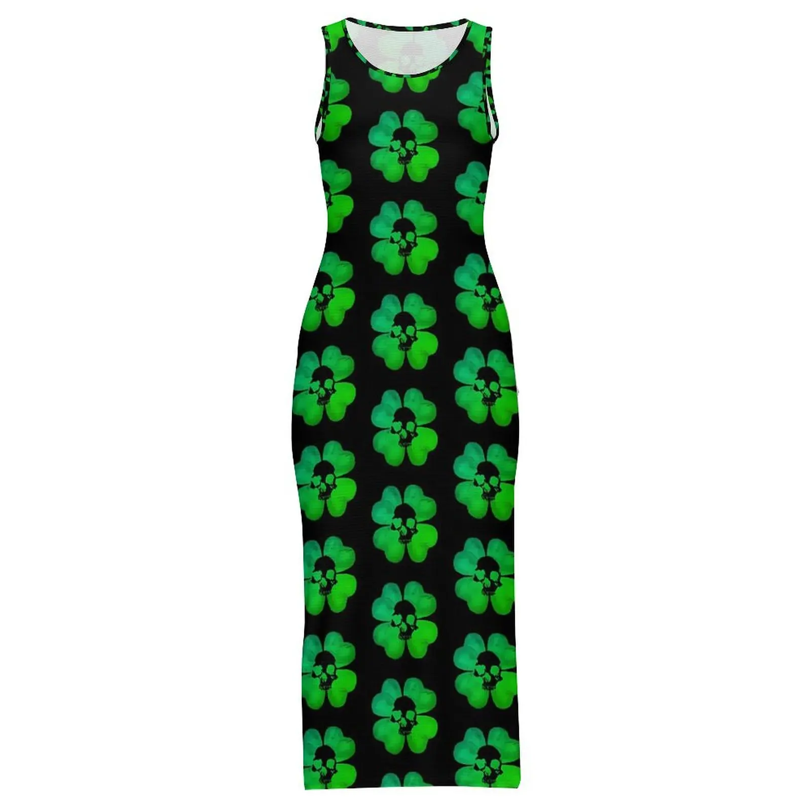 Female Bodycon Dress Stylish Skull Leaf Print Maxi Dresses Spring Shamrock Sleeveless Casual Y2k Pattern Dress Big Size