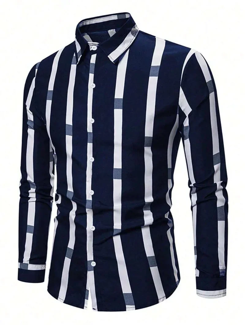 Men's Simple Retro American 3D Printed Shirt with Long Sleeve Lapel Slim Men's Shirt for Business Formal Occasion Clothing Top