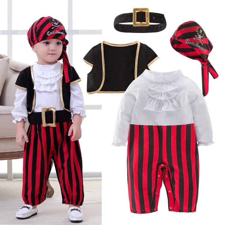 Baby Boy Pirate Captain Costume 4Pcs Set Infant Romper Jumpsuit Kids Halloween Carnival Cosplay Outfit Party Role Play Clothes