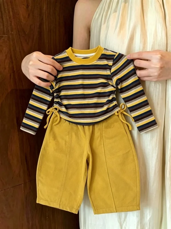 Girls Casual Style Two-Piece Set Long Sleeve Hoodie Waist-Cinching Striped Top Wide Leg Pants Trendy Autumn Outfit for Kids