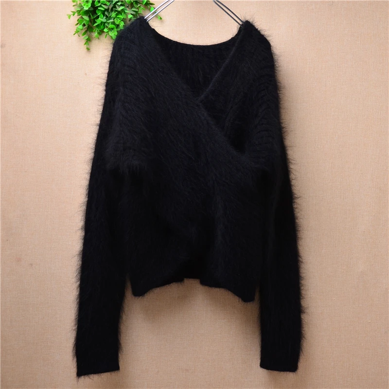 Elegant Fashion Ladies Women Clothing Black Hairy Mink Cashmere Knitted V-Neck Slim Blouses Pullover Angora Fur Jumper Sweater