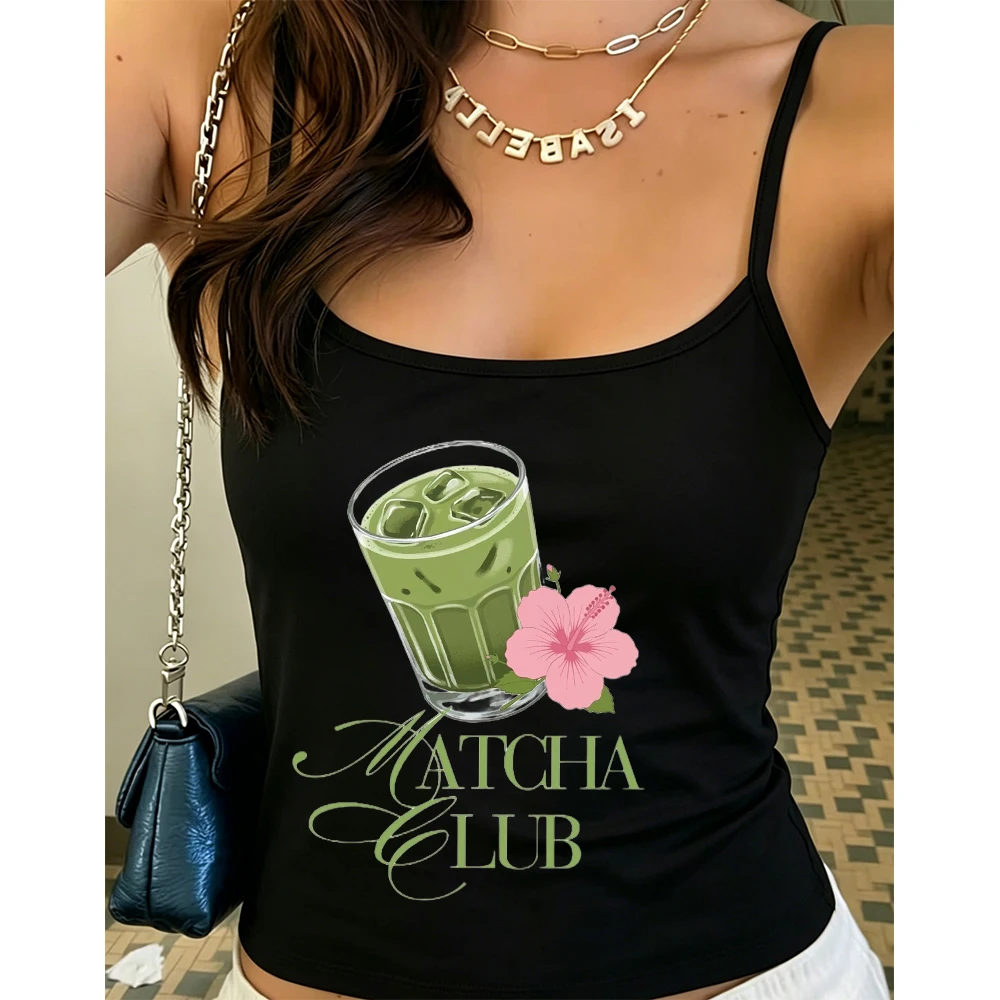 Women Black Matcha Camisole Summer Tank Top Art Fresh Graphic Print Sleeveless Casual Tops for Club Daily Wear