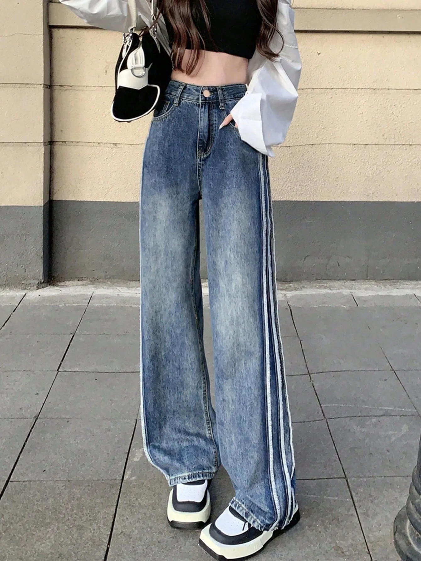 Blue Raw Edge High Waist Slim Straight Leg Women's 2024 Autum New Loose Casual Floor Mopping Pants Long Pants