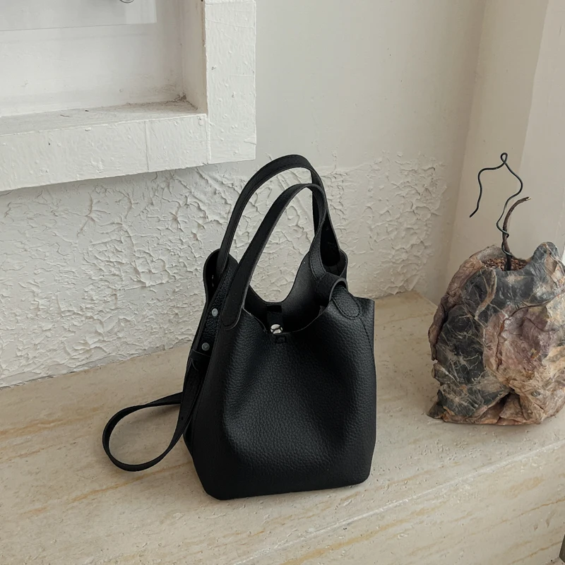 Women PU Mini Bucket Bag With Small Pouch Litchi Texture Handbag Crossbody Shoulder Bag For Ladies Daily Commute
