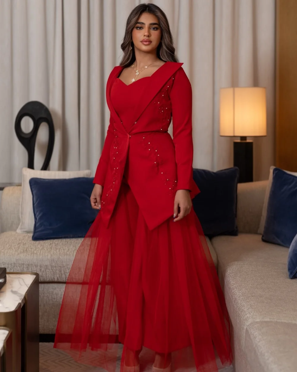 

Customized Modern Style Women Jersey Handmade Flower Ruched A-Line Evening Dresses Classic Sweetheart Long Sleeves Prom Dresses