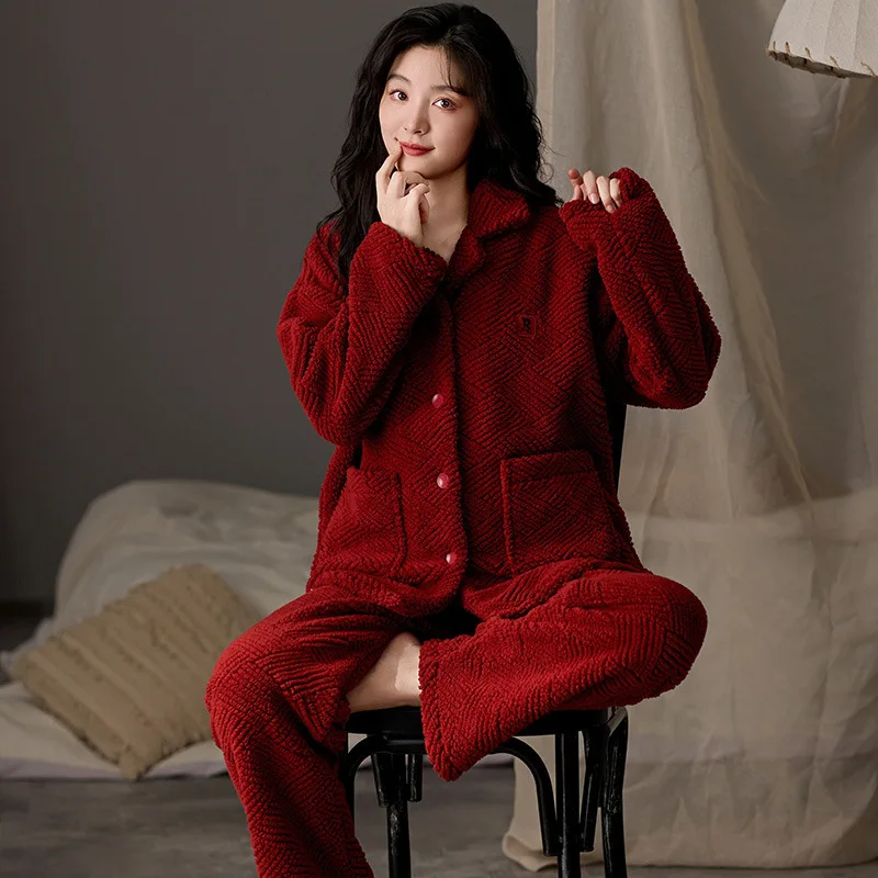 Red Color Winter Warm Nightwear for Women Coral Fleece Sleepwear Cardigan Home Clothes Plus Size M-2XL Pjs Pyjamas Femme Pijamas