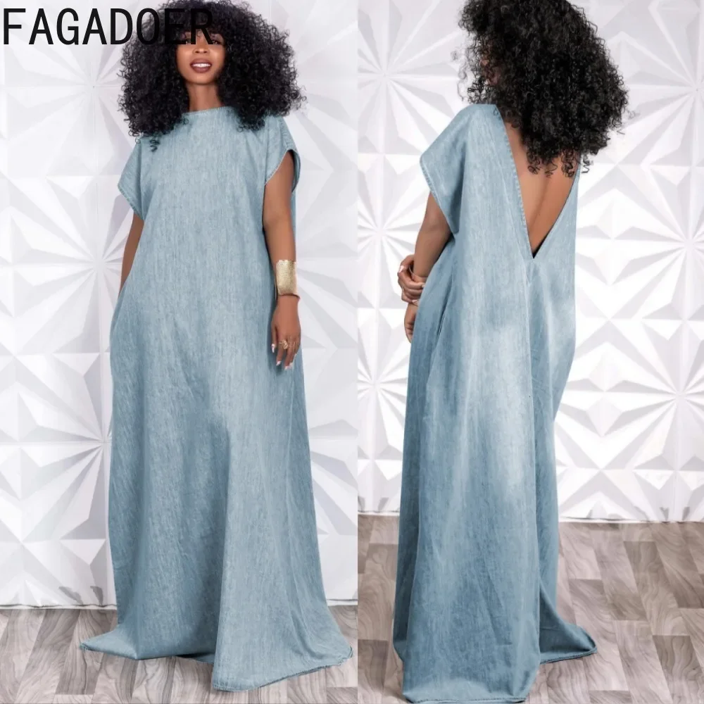 

FAGADOER Casual Denim Deep V Backless Straight Dress Women Round Neck Short Sleeve Loose Vestidos Fashion Vintage Cowboy Clothes