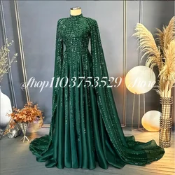 Glitter Muslim Evening Gowns 2025 Dark Green Custom Split Long Sleeve Islamic Hijab Dubai Arab Women wedding party dress