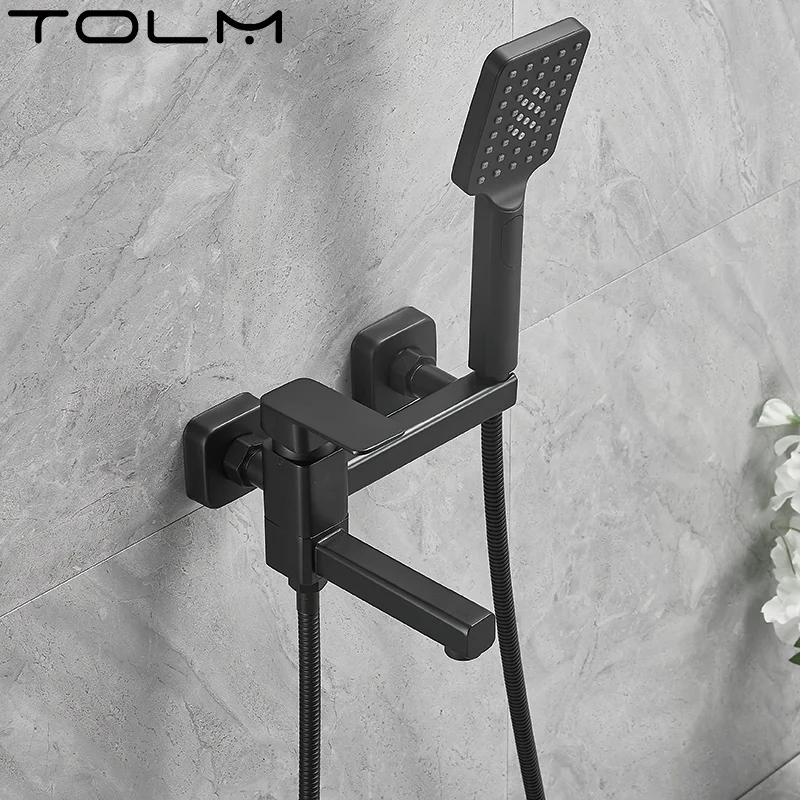 TOLM Black/White Hand Shower Sprinkler Holder Bathtub Filling Nozzle Integrated Double Hole Single Handle Bathroom Faucet Set