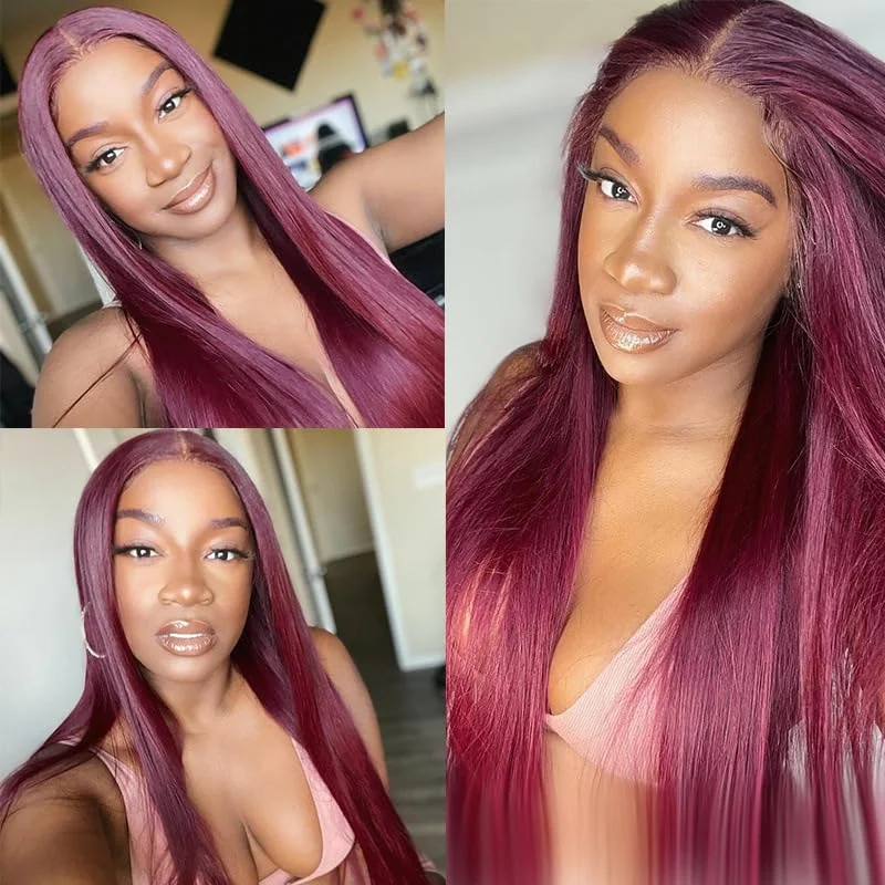 44 46 Inch 99J Burgundy Red Straight Human Hair Wig 13x6 13x4 HD Transparent Lace Front Wig 200% Density Brazilian Cuticle Aligned Remy Hair Pre Plucked Baby Hair Wig Natural Hairline Soft Silky Wigs for Women Daily Party Wear view 2