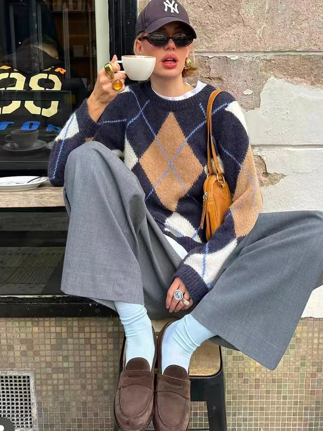 

Ретро-свитер в американском студенческом стиле с цветными блоками и ромбовидным узором, круглый вырез, свободный крой, женский вязаный свитер, осенняя мода