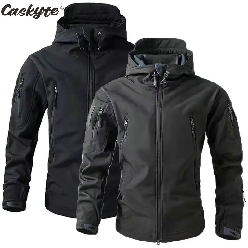 

New CASKYTE Black Cycling Soft Shell Jacket Men Waterproof Tactical Jacket Coat Winter Warm Fleece Hooded Windbreaker and Pants