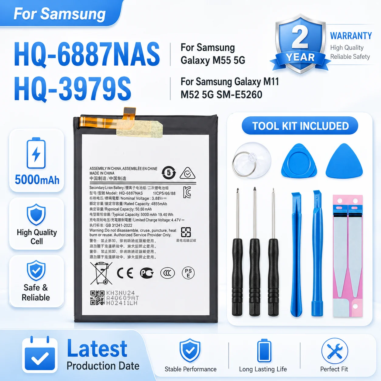 Brand New Replacement Battery With Tools For Samsung Galaxy M55 5G M11 M52 5G SM-E5260