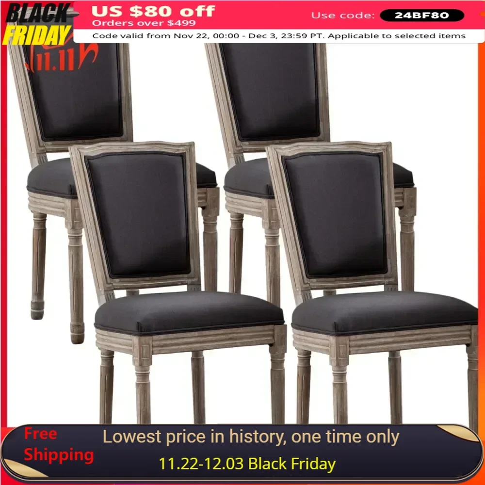 French Dining Chairs Set of 4, with Square Backrest and Exquisitely Carved Solid Wood Frame, Louis Dining Chairs