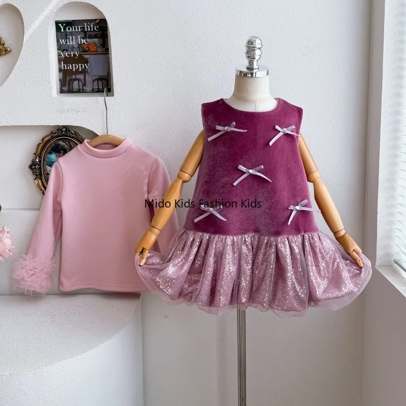 Autumn/Winter Girls' Bow-Adorned Velvet Mesh Patchwork Floral-Bud Pinafore Dress  Fleece-Lined Tulle Sleeves 100-150cm