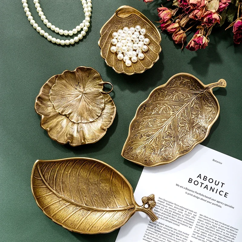 Leaf-Shaped Metal Tray, Jewelry Display Organizer, High-End Brass Carving, Handcrafted Accessory Holder, Elegant Decor