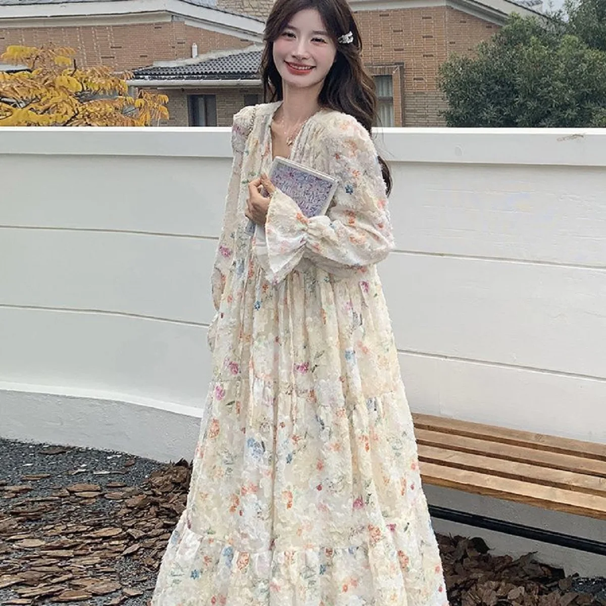 

Korea Gentle Style Long Floral Dress Women 2025 Spring Autumn New Slim Design Atmosphere Long Skirt