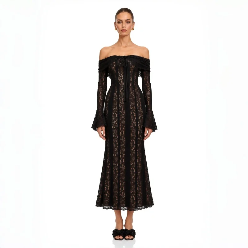 Black Evening Dresses For Events White Long Sleeve Lace Elegant Party Dresses 2026 Women Luxury Wedding Prom Dress Gown