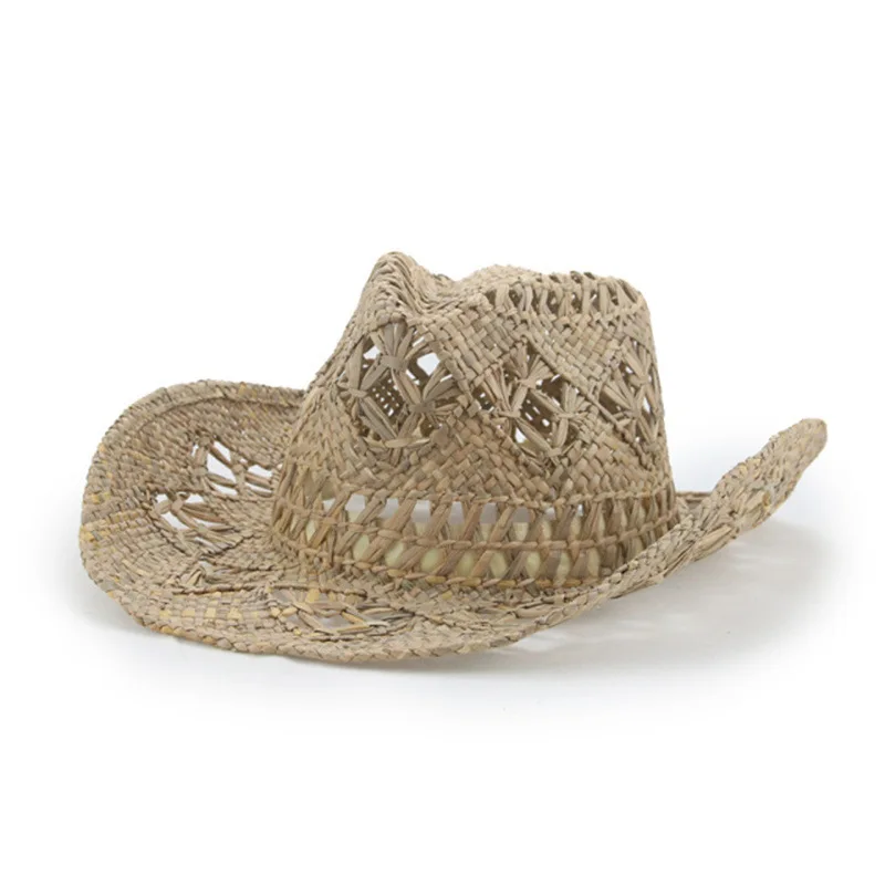 Hand-knitted Rolled Brim Malangrass Straw Hat Hollow Ethnic Style Cowboy Hat Woven In Stock Cross-border Tibetan Hat For Women