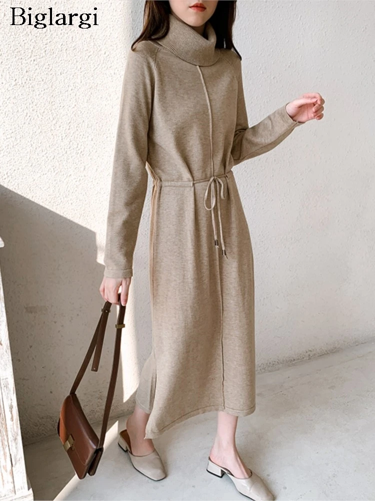 

Knitted Autumn Turtleneck Pullover Long Dress Women Ruffle Pleated Loose Korean Style Ladies Dresses Fashion Woman Dress