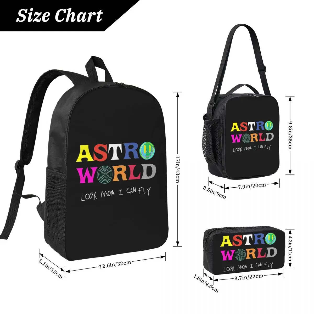 ASTROWORLD Look Mum I Can Fly Backpack Boys Girls BookBag School Bag Laptop Shoulder Bags 3ps Insulated Lunch Bag Pencil Case