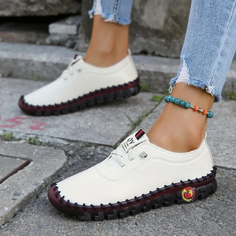 

2023 Hot Sale Losfers Spring Autumn Casual Women's Flat Shoe Fashion Round Toe Lace-up Flats Retro Sofe Sewing Lady Shoe Zapatos