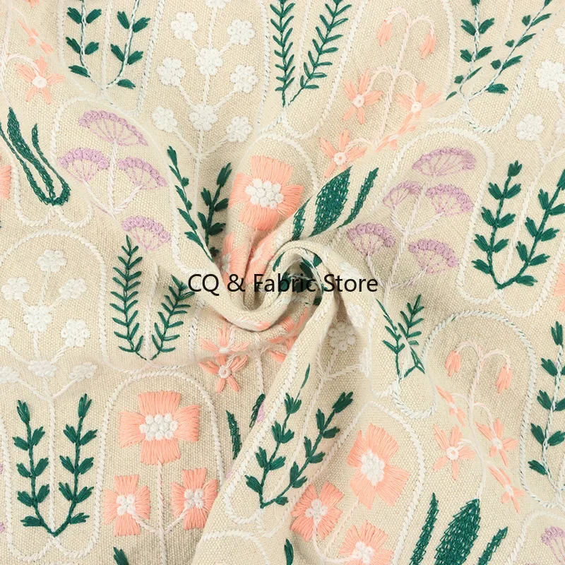 New Embroidered Flower Thick Cotton And Linen Fabric Sofa Pillow Tablecloth DIY Handmade Fabric