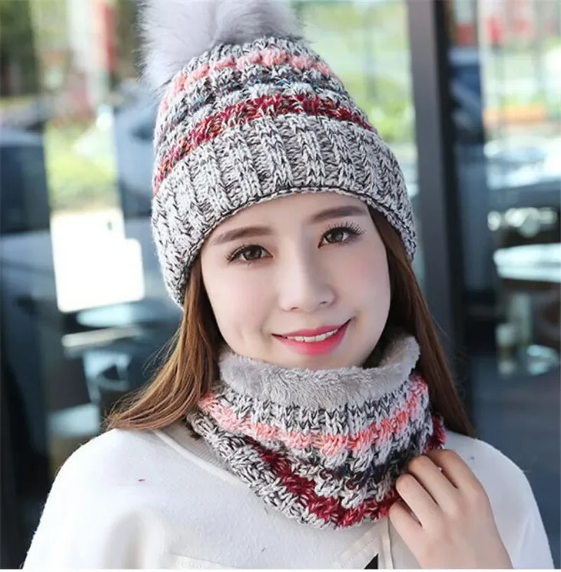 Winter Women Knitted Hat Scarf Set Girls Woman Warm Beanies Plush Hat And Ring Scarf Mix Color Female Lady Pom Pom Cap Scarves
