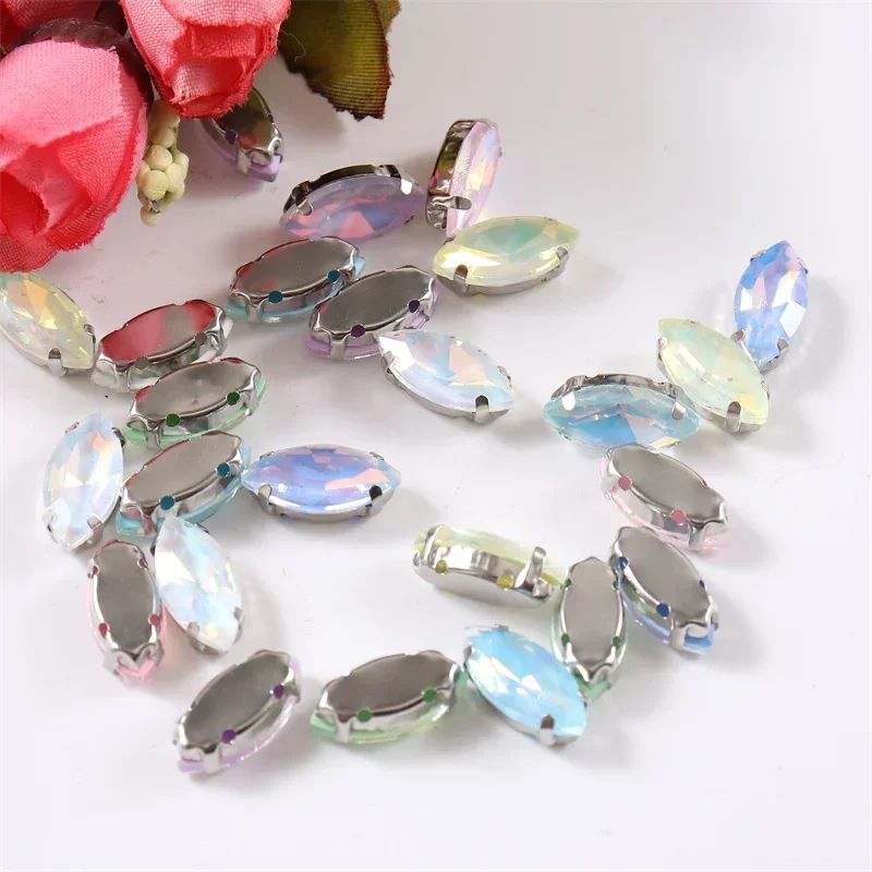 Jelly Horse Eye Sew on Glass Stones With Silver Claw Crystals Rhinestones Flat Back Stones For Clothes Accessories Wedding Dress