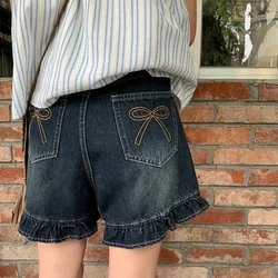 Short en jean rétro brodé avec nœud pour femme, streetwear à volants, jambe large, jean court, bouton, taille haute, court coréen, grande taille