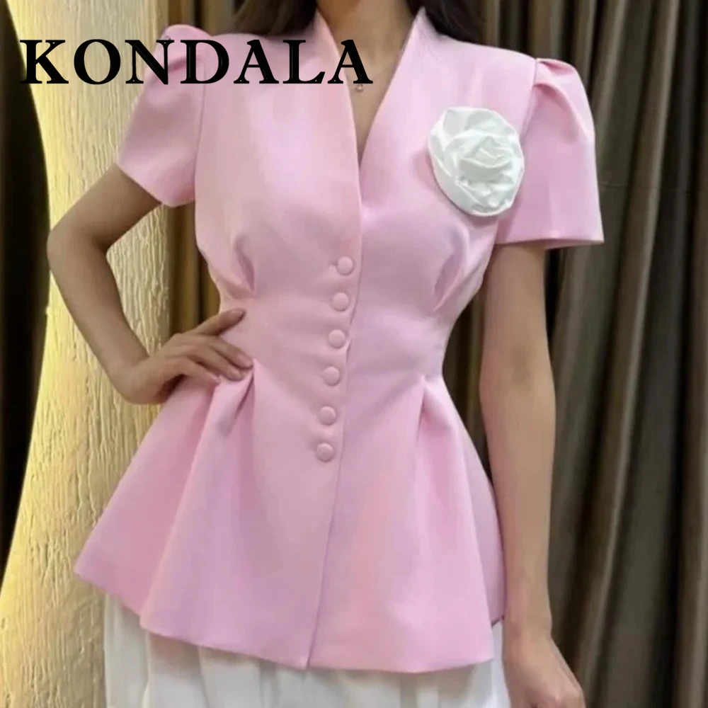 

KONDALA шикарный розовый 3D белый цветок офисный женский пиджак с короткими рукавами элегантный пиджак-футляр мода 2025 уличная одежда Mujer Y2K блейзер